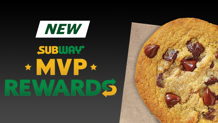 Subway® MVP Rewards logo next to chocolate chip cookie on napkin.