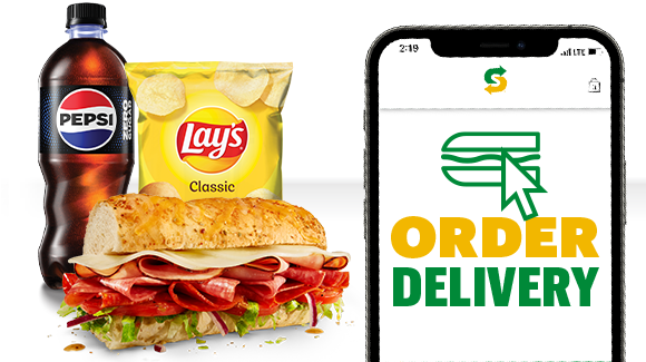 Ultimate B.M.T.® sub, Lay’s® chips, and Pepsi® bottle. A smartphone with “Order delivery” written on the screen.